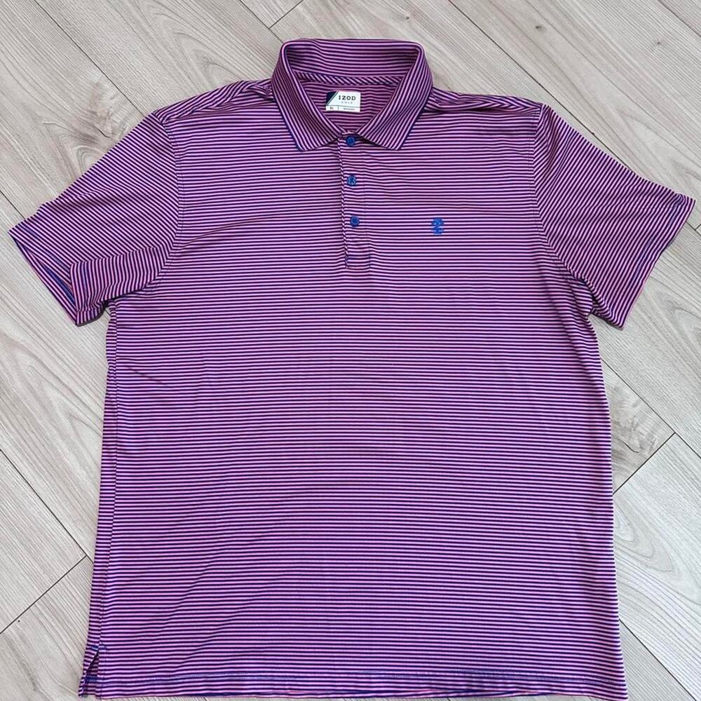 IZOD Golf Performance Polo Shirt Men’s XL Pink Blue Striped Short Sleeve